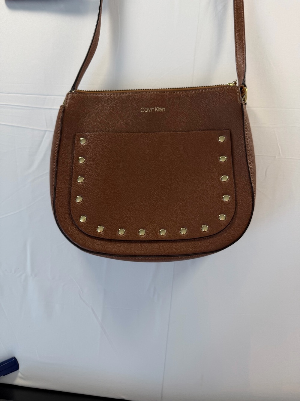 Calvin Klein Brown Pebbled Leather Crossbody with Gold‎ Stud Accents